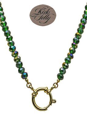 Kirks Folly Crystalized 6mm Beaded Sailor Clasp Charm Necklace Emerald Goldtone